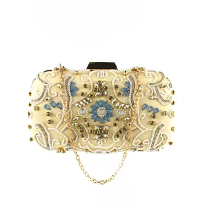 Elegante pochette da sera con perline e strass, dotata di catena dorata per feste.
