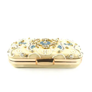 Squisita borsa da sera con perline e strass, montatura in metallo dorato, pochette elegante.