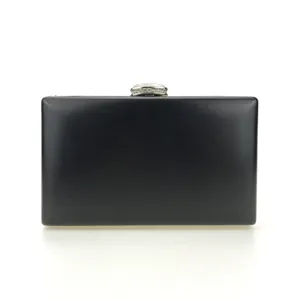 Black hard shell evening clutch bag with crystal rhinestone metal clasp, party accessory.