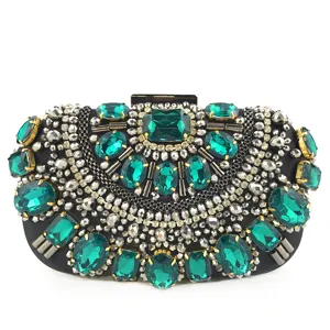 Luxueuse pochette de soirée en cristal vert sac à main de fête strass fait main chic