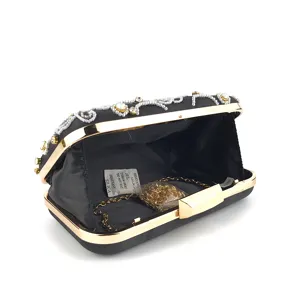 Borsa da sera nera con perline, montatura dorata e tracolla a catena, pochette elegante.