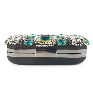 Exquise pochette de soirée en strass émeraude avec broderie de perles et cadre métallique.