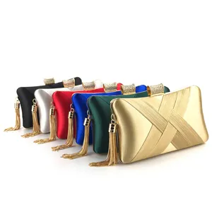 Elegant satin Abendtasche mit Strassverschluss und goldenen Quasten für Damen Partys
