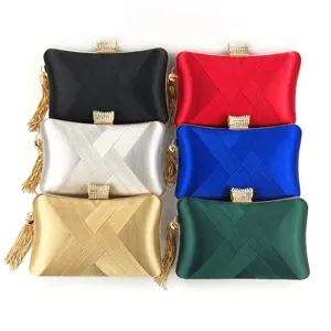 Damen Satin Abendtasche Plissiert mit Quasten Strass Verschluss Handtasche Set