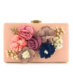 Borsa da sera floreale rosa da donna, fiori 3D fatti a mano perle pochette rigida da matrimonio.