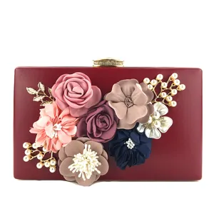 Elegante pochette da sera bordeaux con fiori 3D fatti a mano perle e chiusura metallica