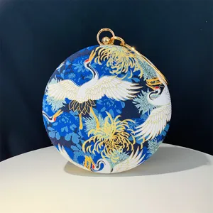 Chinese Style Crane Floral Print Round Evening Bag Rhinestone Ring Handle Luxury Women Wedding Party Clutch Purse With Chain