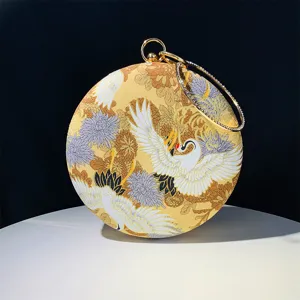 Elegant round evening clutch bag with traditional crane print and rhinestone ring handle for women