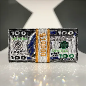Rhinestone 100 dollar bill evening clutch bag sparkling crystal money box purse for women.