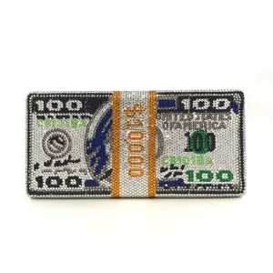 Crystal rhinestone dollar bill evening clutch bag, luxury cash stack sparkling minaudiere purse for women party.