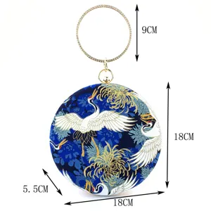 Round evening clutch bag with blue crane embroidery, elegant metal ring handle and compact size.