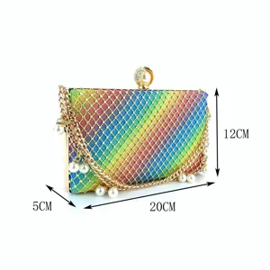 Details of the colorful rhinestone evening clutch bag with pearl chain strap and dimensions 20x12x5cm.