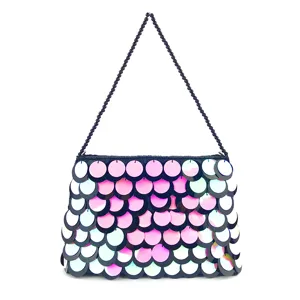 Women Sequin Evening Bag Handmade Bead Embroidery Scale Pattern Gradient Clutch Bag With Chain Strap Luxurious Party Wedding Handbag