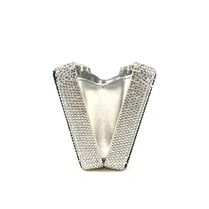 Stunning rhinestone embellished evening clutch bag, V-shaped silver party purse for women.