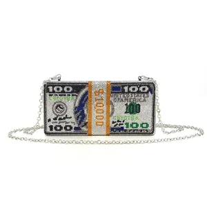 Rhinestone dollar bill clutch bag crystal money stack evening bag with silver chain strap details.
