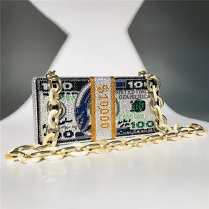Rhinestone dollar bill evening clutch bag with chunky chain strap for luxury party events.