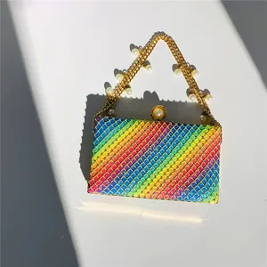Rainbow mesh evening bag with pearl chain strap and crystal details for women party fashion