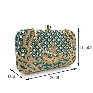 Bolso de noche vintage bordado con perlas para mujer, elegante bolso verde de fiesta.