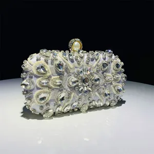 Elegant handmade crystal evening clutch bag with sparkling rhinestones and pearl clasp detail
