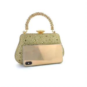 Sac de soirée pochette strass doré avec poignée étincelante pour robe de fête.