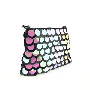 Close-up detail of gradient sequin clutch bag with handcrafted beaded trim, evening party style.