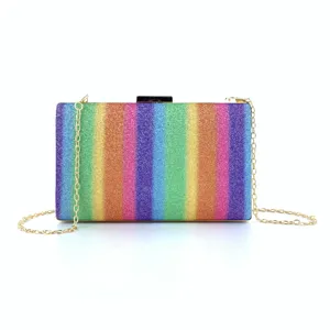Women Glitter Rainbow Sequin Evening Clutch Bag Colorful Striped Hard Shell Box Purse With Gold Chain Strap For Banquet Party