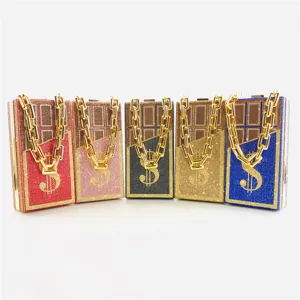 Luxury rhinestone dollar sign chocolate clutch bag sparkling evening bag for women chain