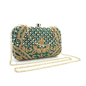 Bolso de mano con perlas bordadas verdes, elegante bolso de noche vintage con cadena dorada.