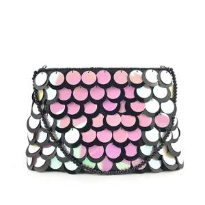 Shiny iridescent sequin clutch bag with beaded chain strap for women evening party use.