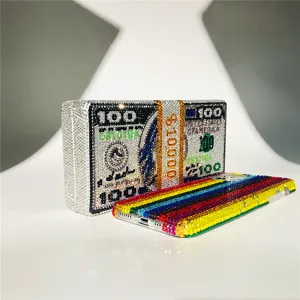Dazzling rhinestone dollar bill clutch bag with sparkling crystal evening purse for women party.