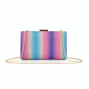Glitter rainbow evening clutch bag detail showing sparkling gradient texture and gold chain strap.