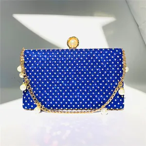 Blue rhinestone evening clutch bag with elegant pearl chain and golden hardware for women parties.