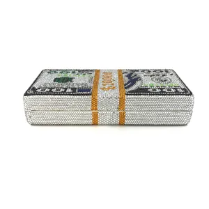 Sparkly rhinestone dollar bill clutch bag, luxury crystal money stack evening purse for women.