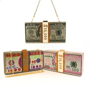 Women Rhinestone Money Evening Bag Dollar Bill Clutch Purse Crystal Dinner Party Wedding Handbag With Chain Shoulder Strap