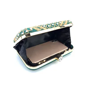 Bolso de noche bordado de perlas verdes elegante bolso de mano de fiesta de boda de metal