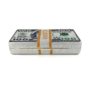 Sparkling rhinestone money stack clutch bag 100 dollar bill novelty evening purse for women