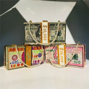 Bling rhinestone US dollar bill clutch bag sparkling crystal evening purse fashion money clutch