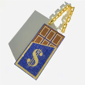 Rhinestone chocolate dollar sign clutch bag with gold chain for evening party women.