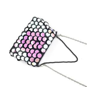 Gradient sequin clutch bag with bead embroidery and metal chain strap for women evening party