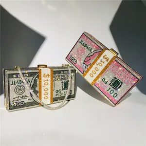 Crystal dollar bill evening clutch bag rhinestone money stack purse for women banquet dress.