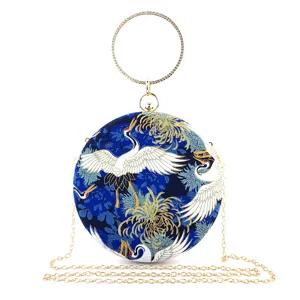 Elegant round evening clutch bag with blue crane print, rhinestone ring handle and gold chain.