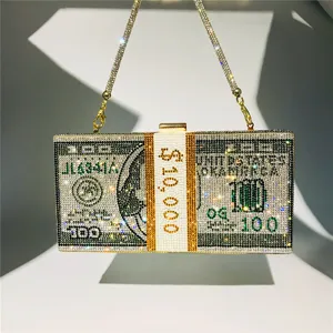 Exquisite crystal rhinestone dollar bill evening clutch bag, sparkling metal chain detail.