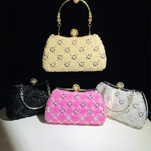 Women elegant handmade flower beaded evening clutch bag wedding party handbag with metal handle