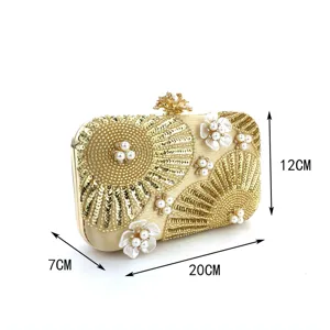 Elegant gold sequin pearl evening clutch bag, wedding bridal party purse with floral design, 20x7x12cm.
