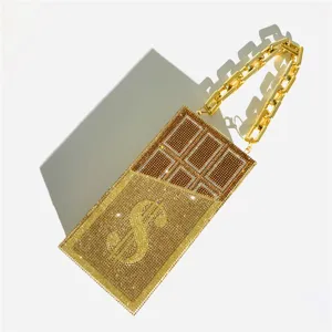 Luxurious rhinestone dollar chocolate evening clutch bag with chunky gold chain for women party.
