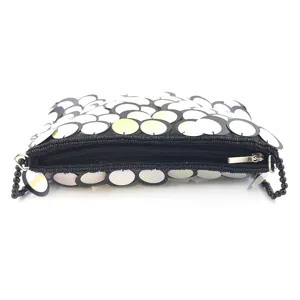 Close up detail of women evening clutch bag with handmade bead embroidery and sequins.