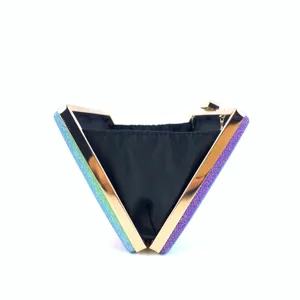 Detailed view of the sparkling rainbow glitter evening clutch bag with gold metallic frame trim.