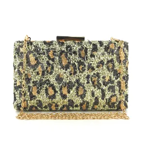 Sac pochette a Sequins Leopards pour femmes, elegante sacoche de soiree chaine dores.