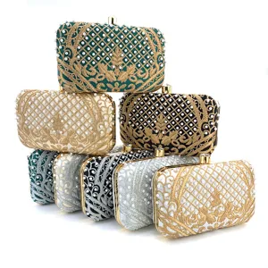 Bolso de mano tipo clutch de noche vintage bordado con perlas y marco metálico mujer.