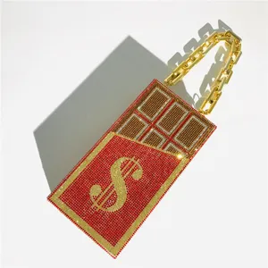 Sparkling Rhinestone Chocolate Dollar Clutch Bag Unique Evening Handbag with Gold Chain